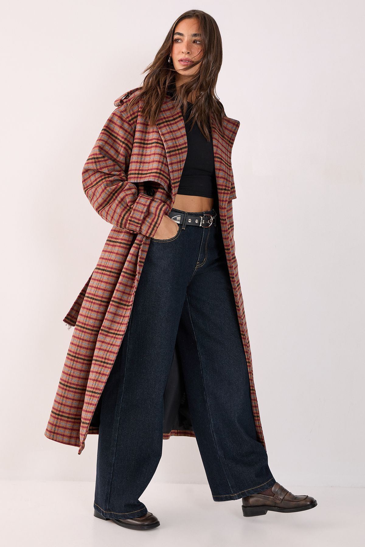 NastyGal Check Vinyl Collar Trench Coat Brown image 1