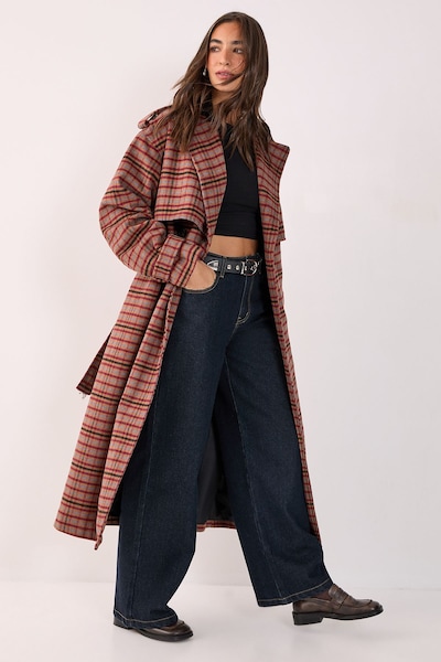 NastyGal Check Vinyl Collar Trench Coat Brown