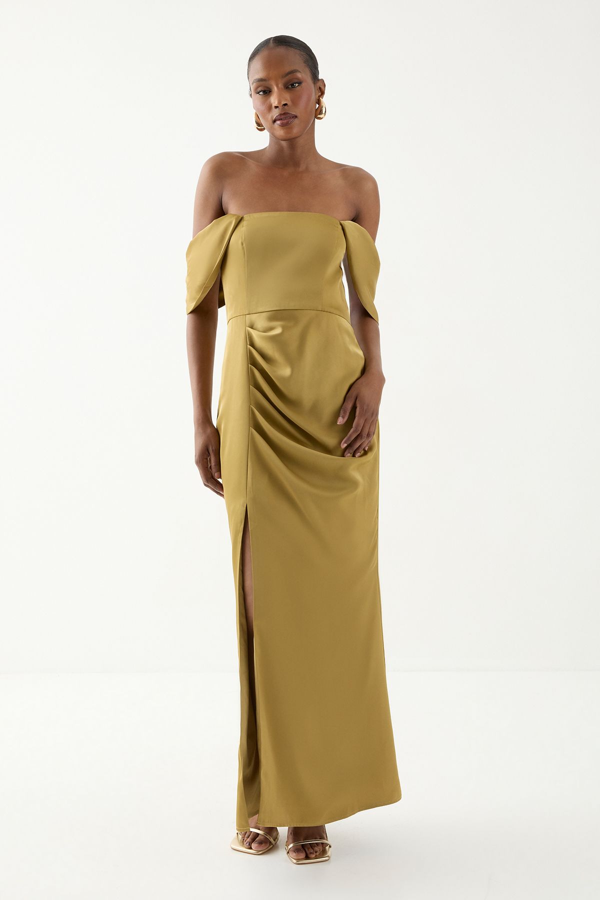 MissPap Bardot Ruched Satin Bridesmaid Dress Olive