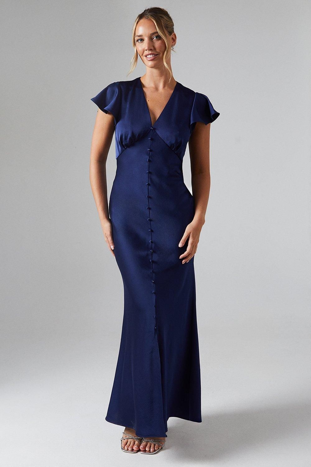 Oasis Button Detail V Neck Satin Bridesmaid Midaxi Dress Navy image 1