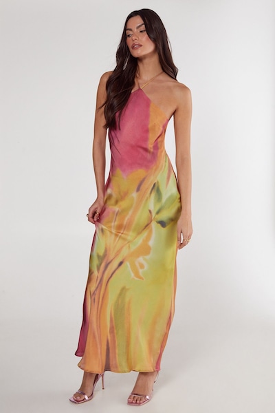 NastyGal Satin Floral Ombre Halter Neck Cowl Back Maxi Dress Lime