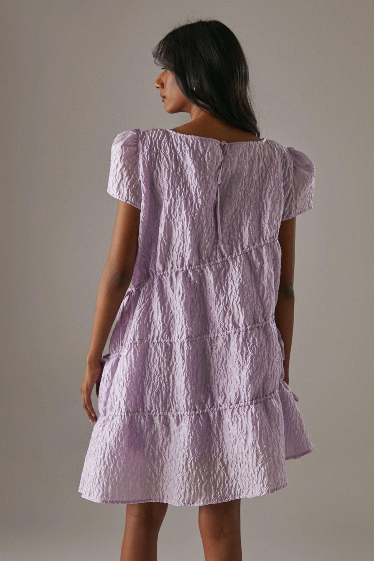 Warehouse Premium Jacquard Gathered Channel Smock Mini Dress Soft Pink image 3