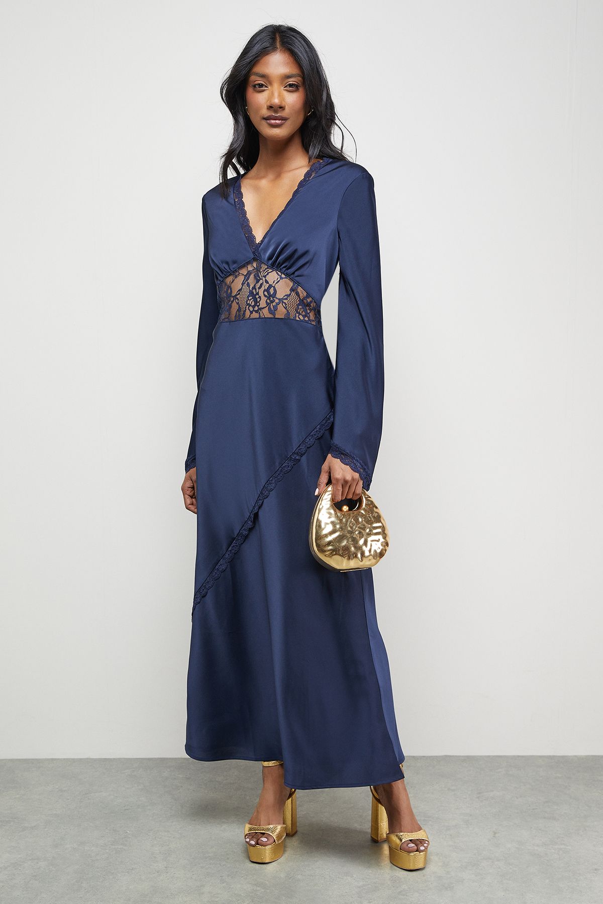 Warehouse Satin Lace Insert Flute Sleeve Midi Dress Navy