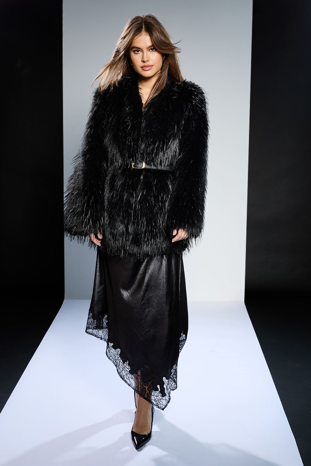 RUNWAY 1.8.1.8 Runway 1.8.1.8 Shaggy Faux Fur Belt Detail Coat Black image 2