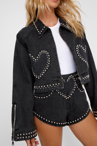 NastyGal Heart Studded Cropped Denim Jacket Washed Black
