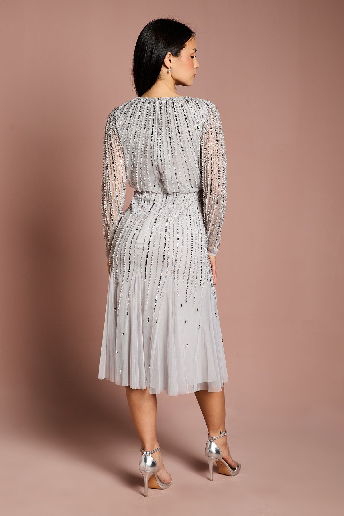 Coast Petite Party Sequin Long Sleeve Midi Dress Grey Mist image 3