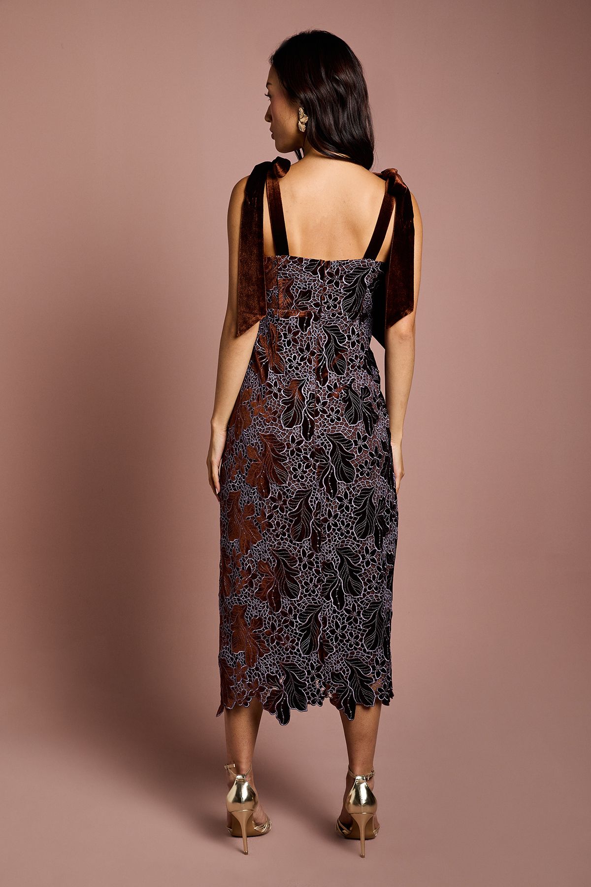 Coast Cut Out Velvet Lace Tie Shoulder Column Midi Dress Toffee image 3