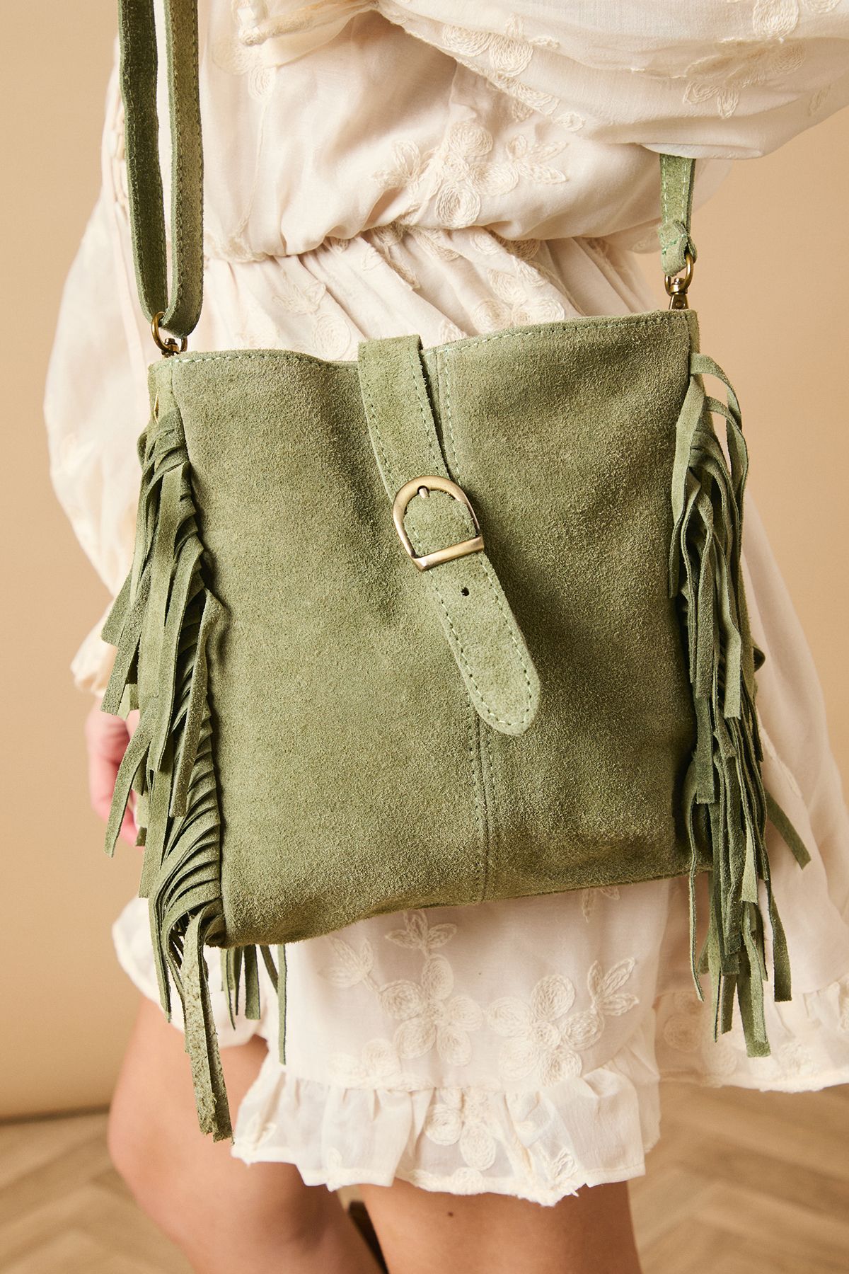 Oasis Orithya Suede Tassel Detail Shoulder Bag Sage image 2