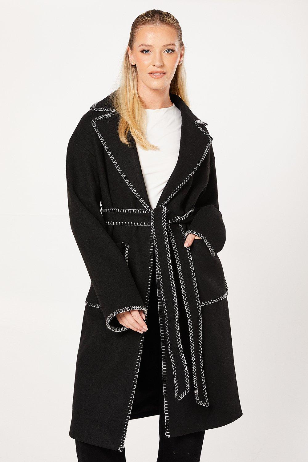 Dorothy Perkins Whipstitch Wrap Midi Coat Black