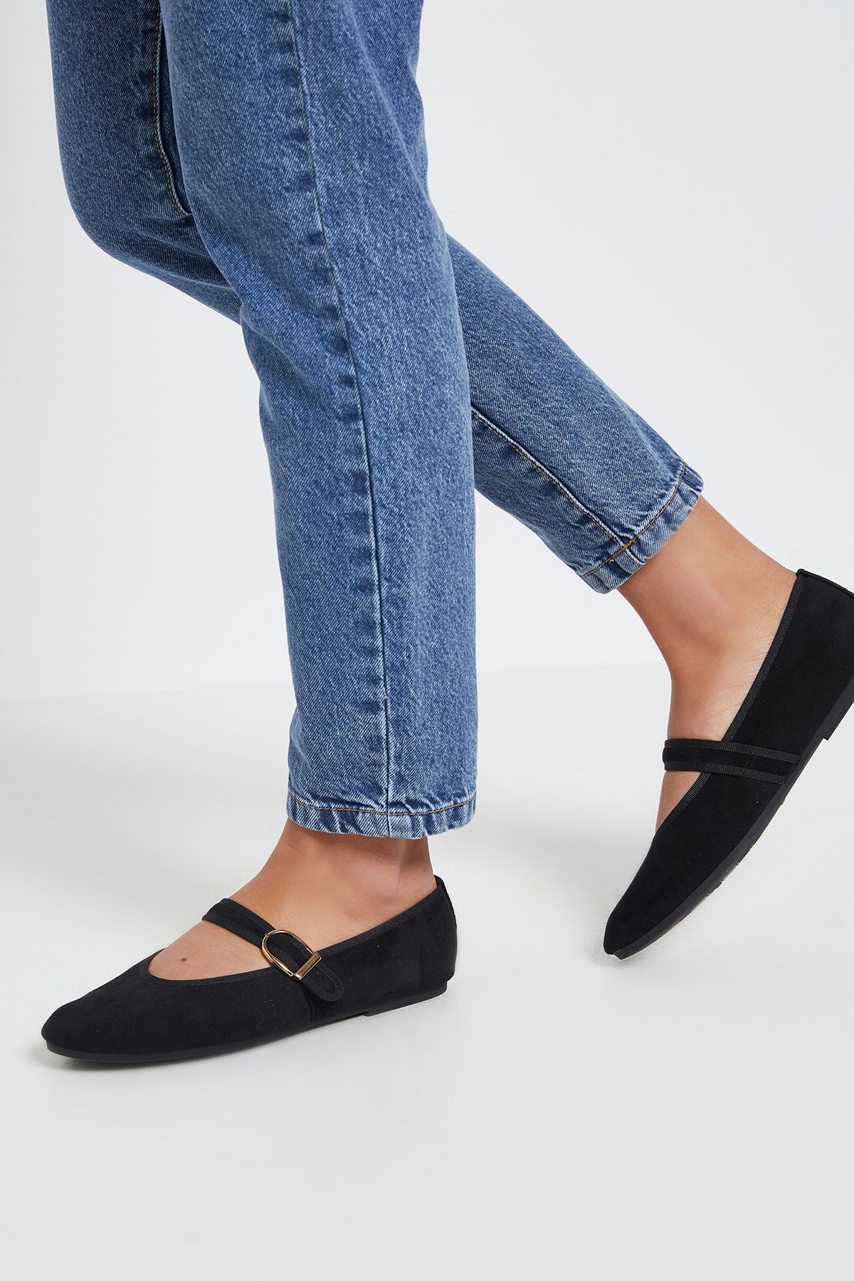 Dorothy Perkins Poppy Faux Suede MaryJane Buckle Ballet Pumps Natural Black image 1