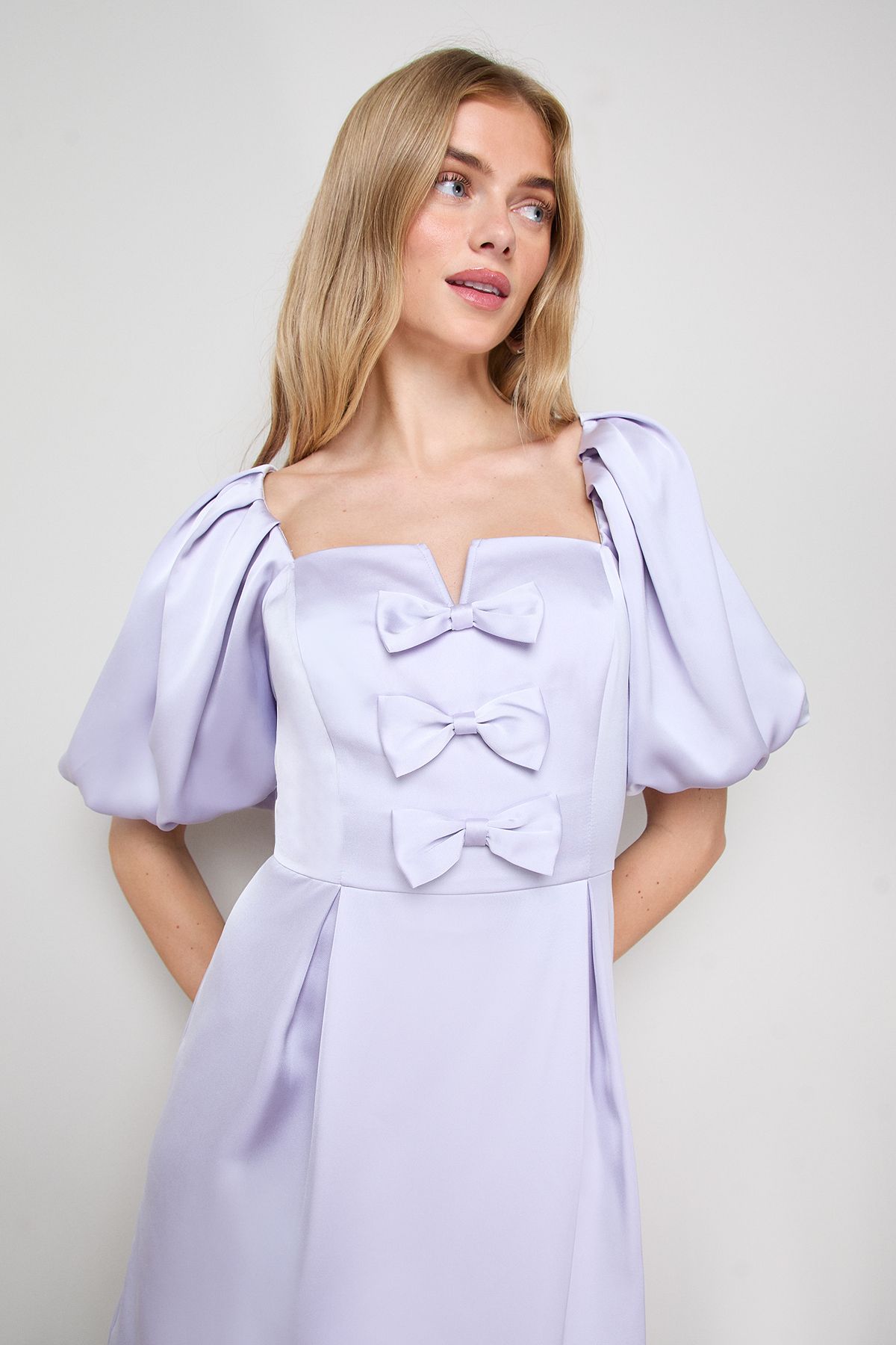Oasis Satin Bow Front Square Neck Mini Dress Lilac image 4