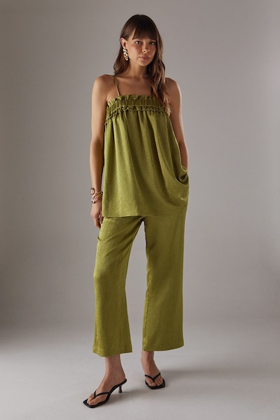 Warehouse Crushed Satin Kickflare Cropped Trousers Olive