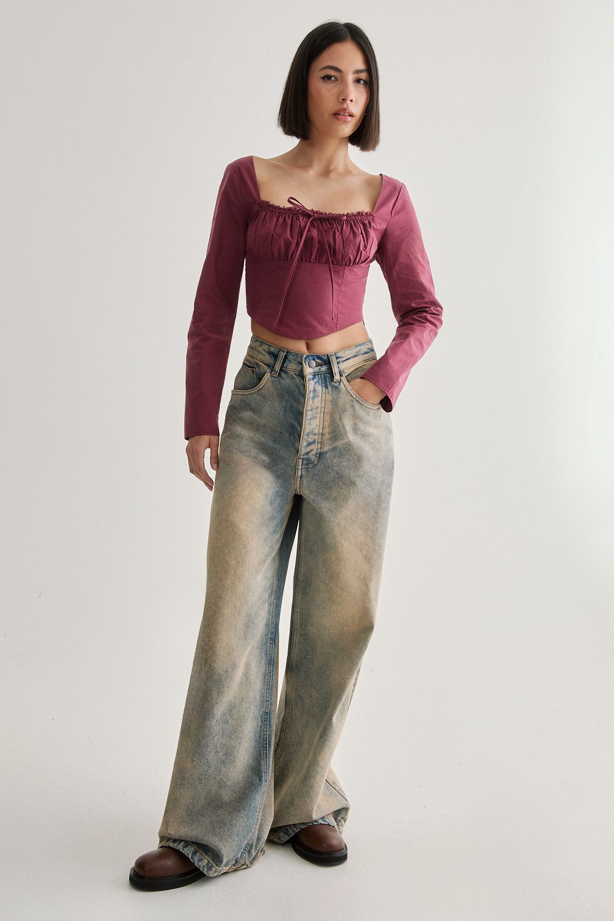 NastyGal Cotton Lace Trim Lace Up Back Long Sleeve Corset Top Wine image 2