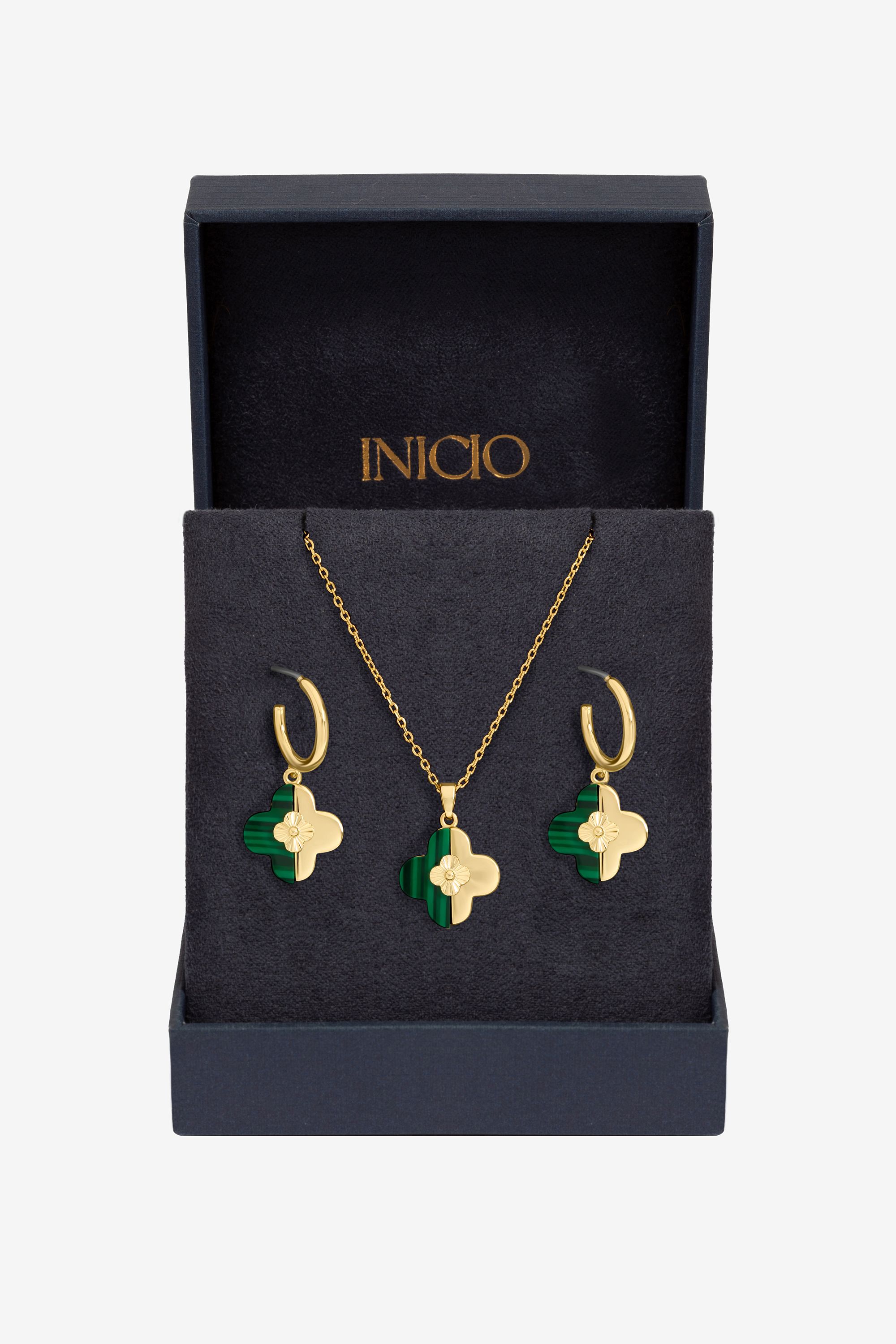 Inicio Gold Plated and Malachite Clover Set - Gift Box