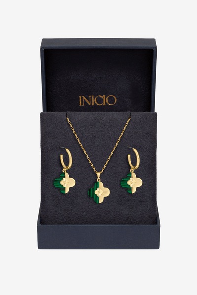 Inicio Gold Plated and Malachite Clover Set - Gift Box