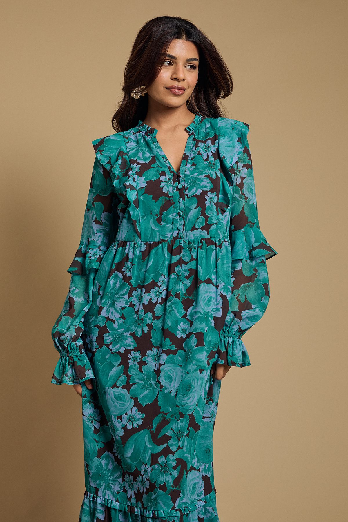 Oasis Petite Long Sleeve Ruffle Chiffon Tiered Maxi Dress Blue image 2