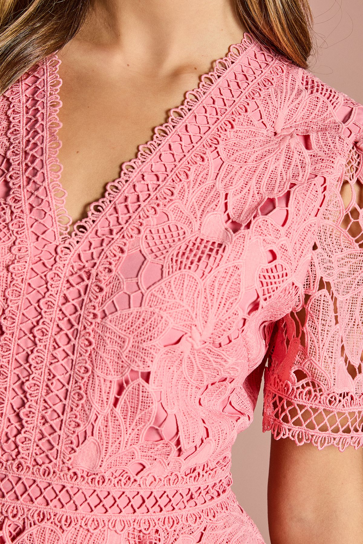 Coast V Neck Peplum Tiered Lace Midi Dress Coral image 5