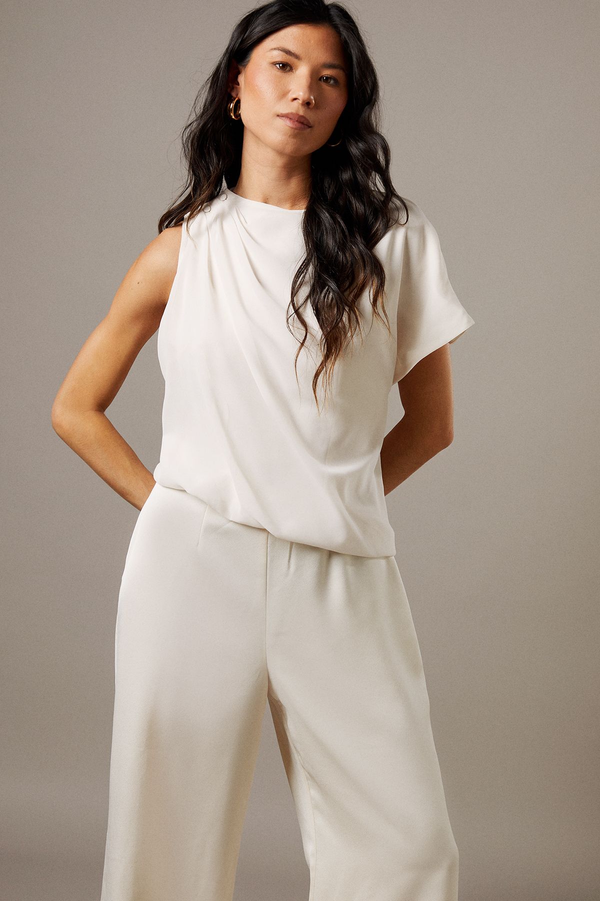 Warehouse Satin Chiffon Mix One Shoulder Drape Jumpsuit Cream image 2