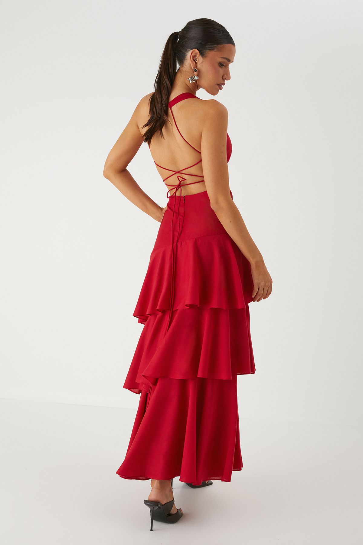 MissPap Tie Back Frill Layered Maxi Dress Red image 3