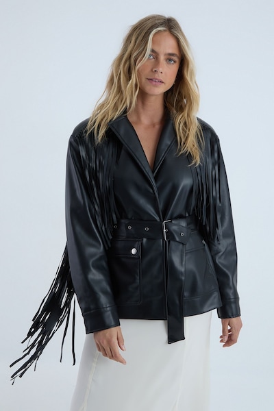 NastyGal Fringe Faux Leather Belted Jacket Black