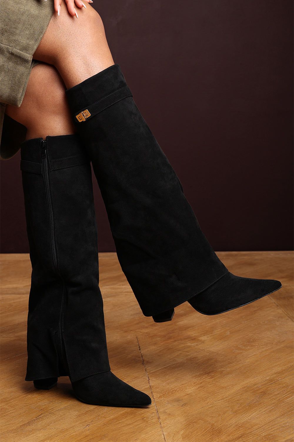 Where's That From 'Nova' Fold Over Shark Block Heel Point Toe Boots Suede image 2