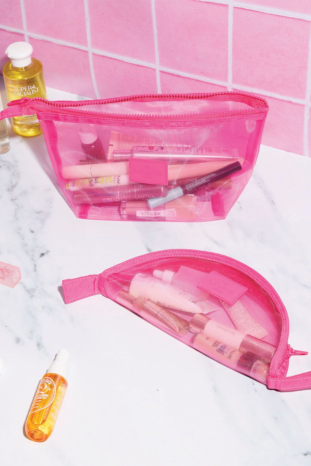 The Flat Lay Co Mesh Essential Makeup Pouch - Hot Pink Multi image 6