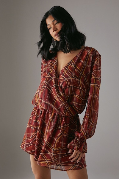 Warehouse Chiffon Wrap Drop Waist Mini Dress Dark Red