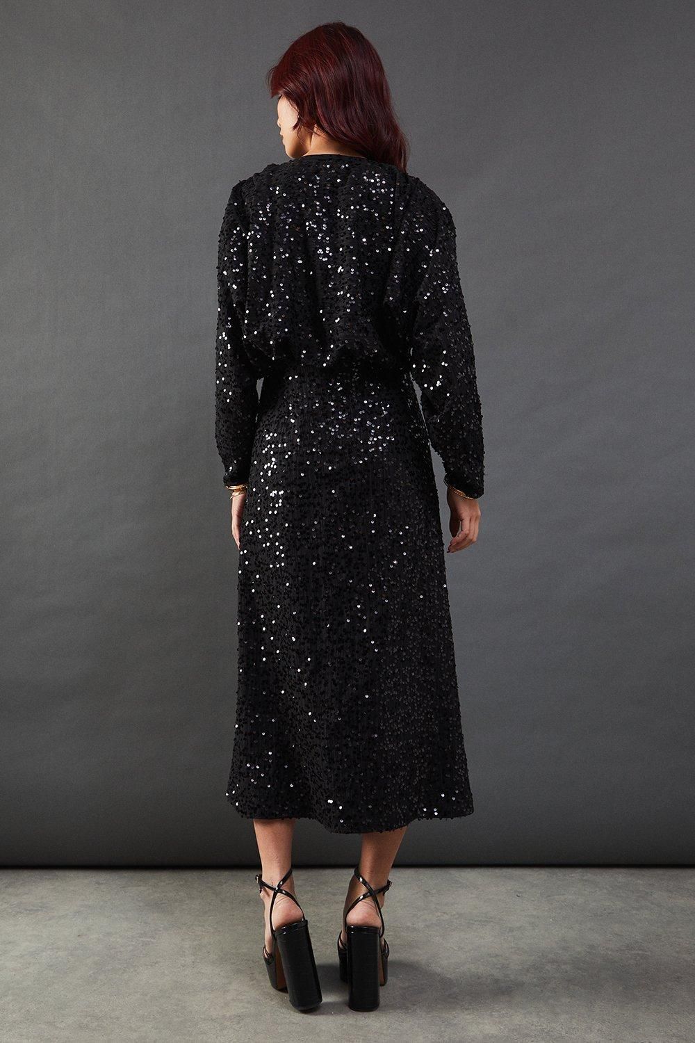Warehouse Sequin Crinkle Batwing Plunge Neck Midi Dress Black image 3