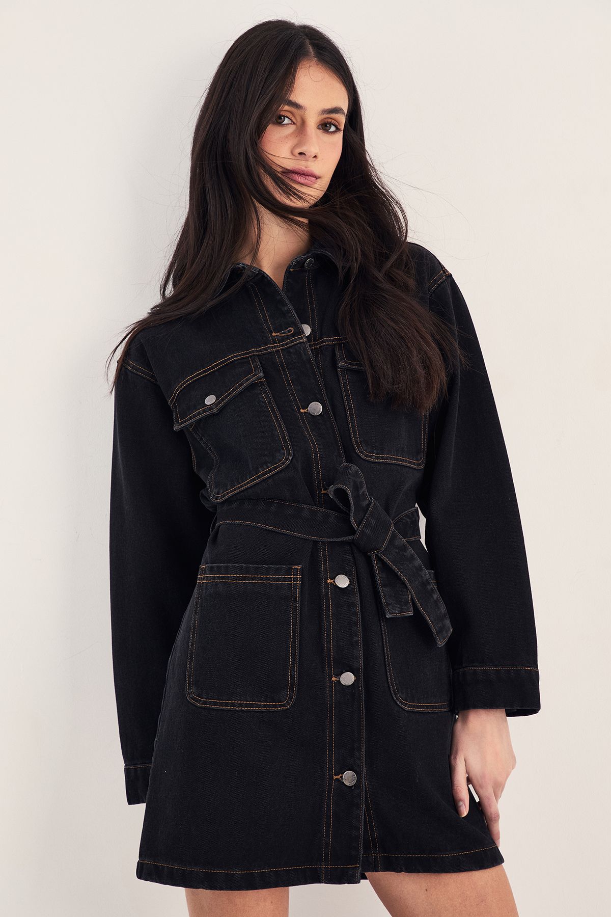 NastyGal The Utility Denim Shirt Dress Washed Black image 1