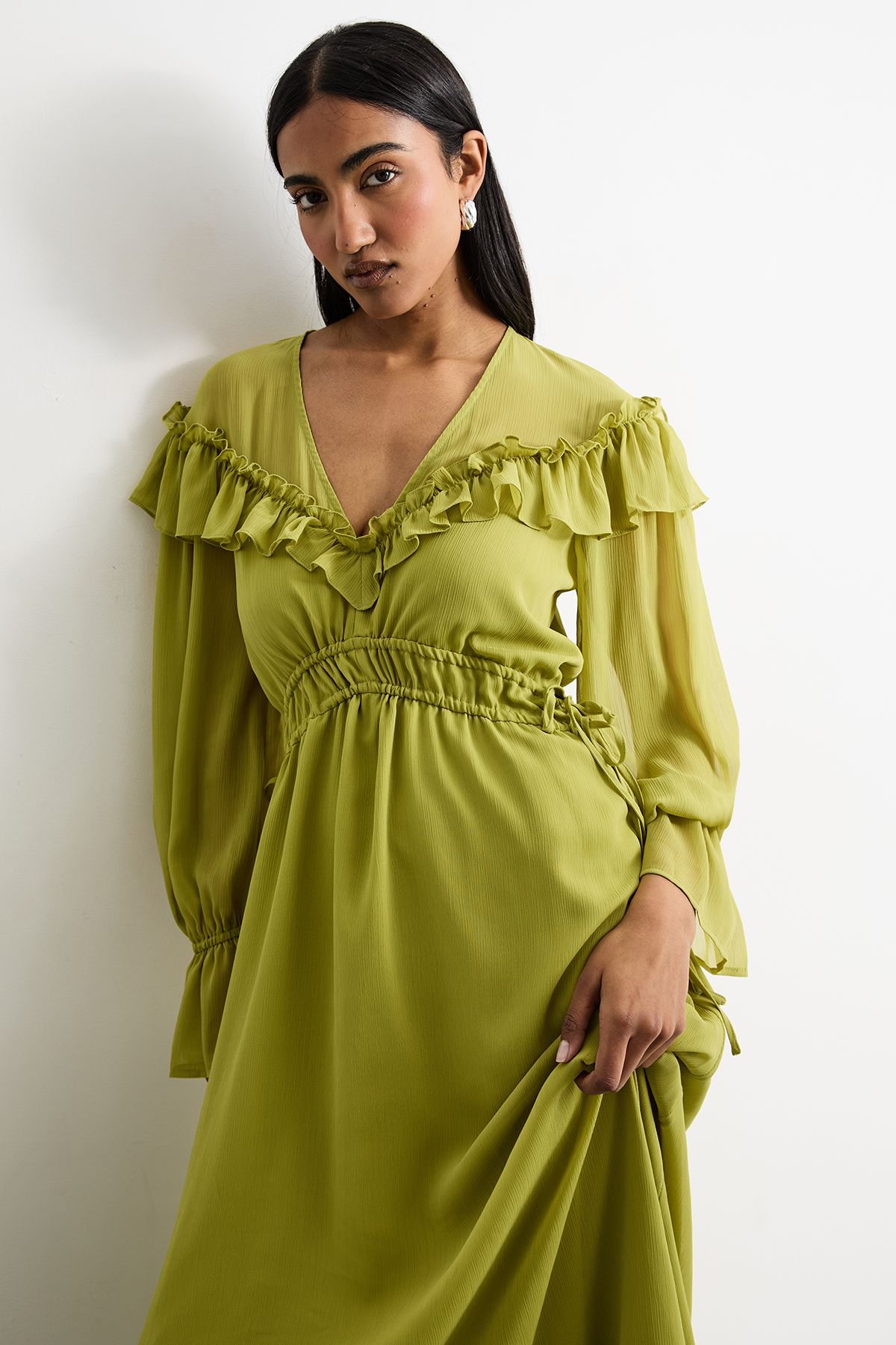 Warehouse Ruffle Shoulder Detail V Neck Boho Maxi Dress Chartreuse image 2
