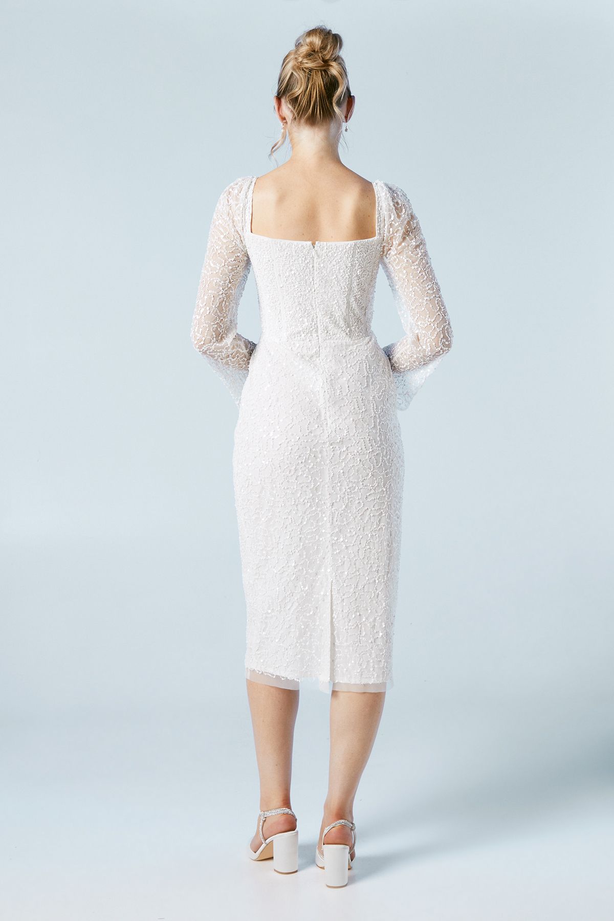 Coast Sequin Flare Sleeve Column Wedding Midi Dress Ivory image 3