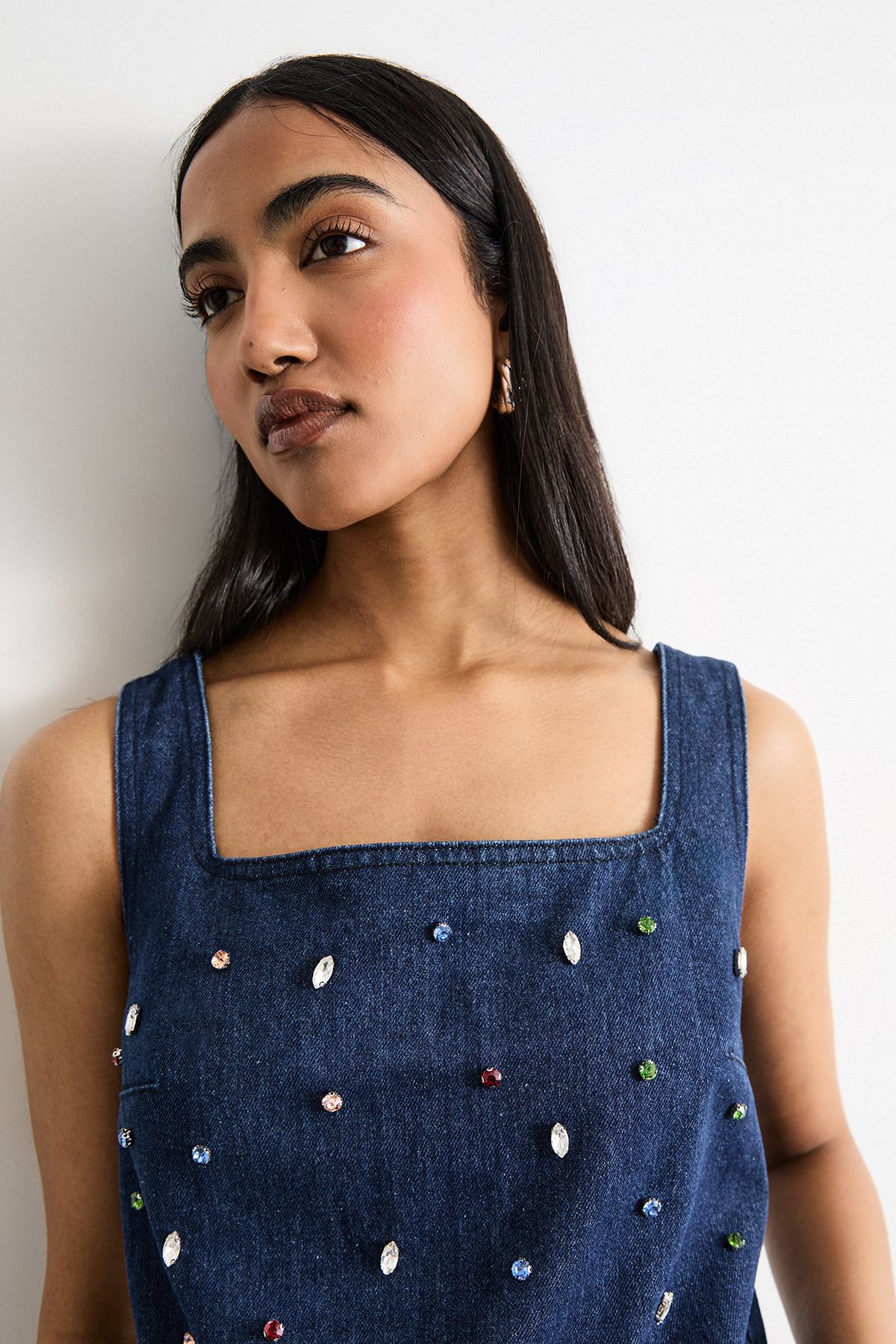 Warehouse Hotfix Embellished Denim Square Neck Top Indigo image 4