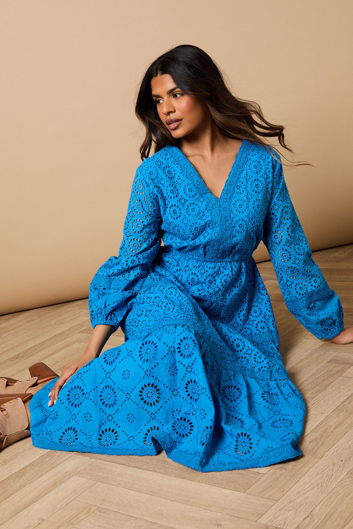 Oasis Petite Broderie Trim Detail Puff Sleeve Midi Dress Cobalt