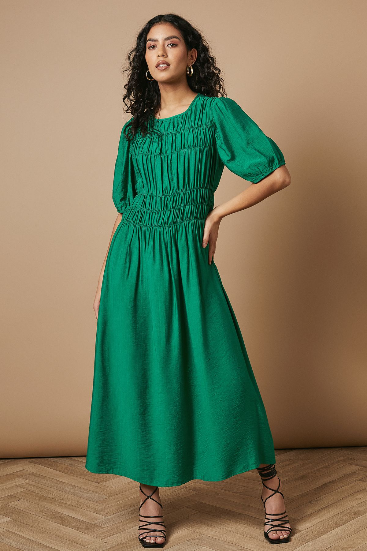 Oasis Petite Shirred Bodice Puff Sleeve Midi Dress Green