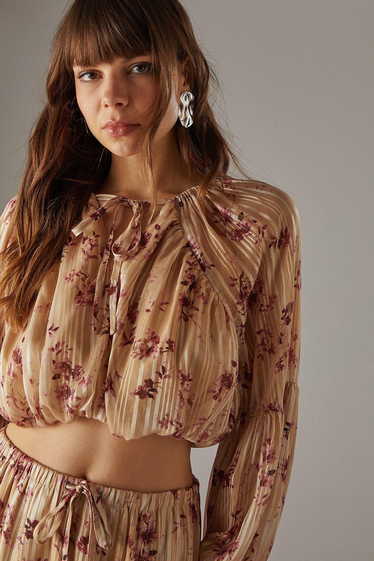 Warehouse Shadow Stripe Cropped Bubble Hem Boho Blouse Floral