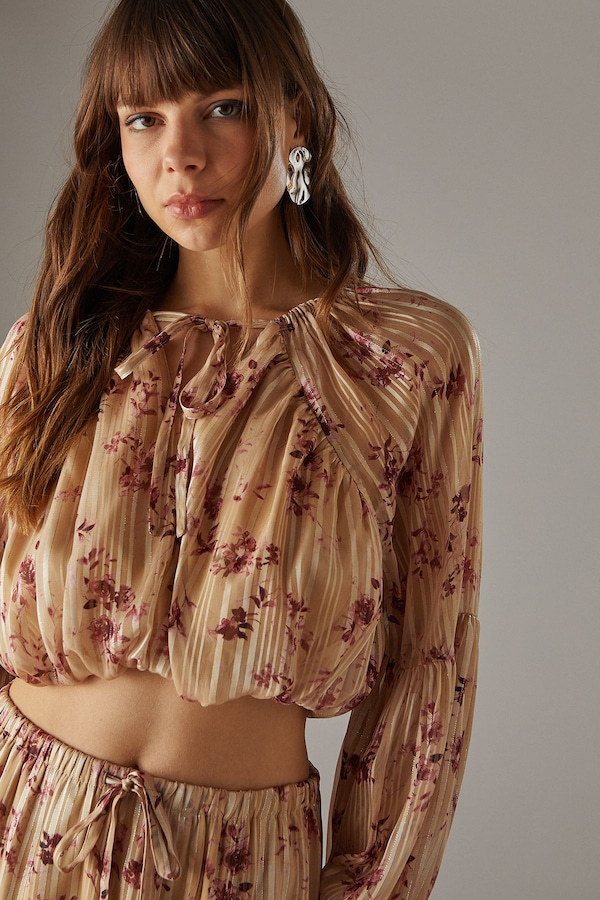 Warehouse Shadow Stripe Cropped Bubble Hem Boho Blouse Floral