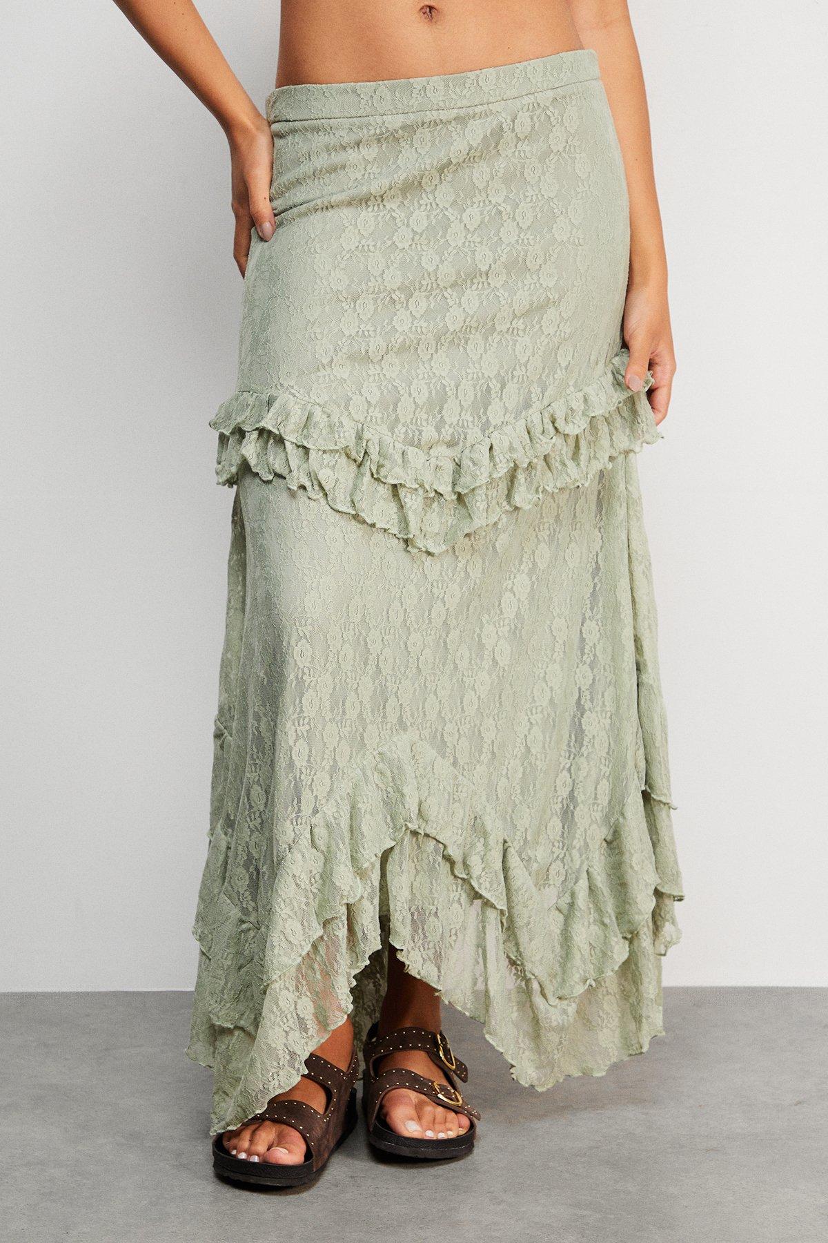 Warehouse Lace Ruffle Tier Maxi Skirt Khaki image 2