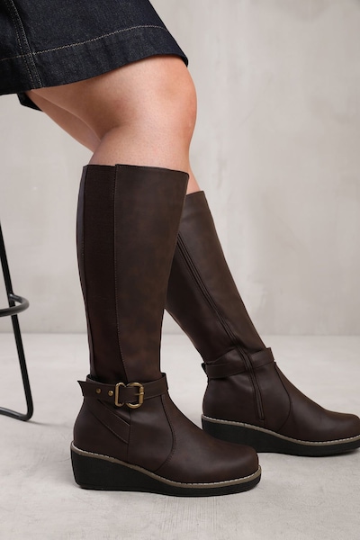 Where's That From 'Ayleen' Wide Calf Wedge Heel Knee High Boots With Elastic Panel