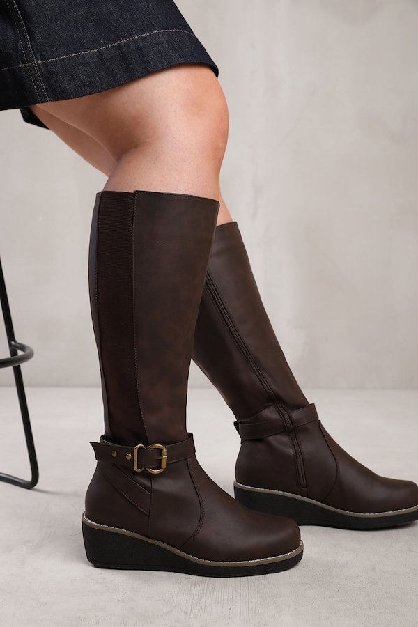 Where's That From 'Ayleen' Wide Calf Wedge Heel Knee High Boots With Elastic Panel