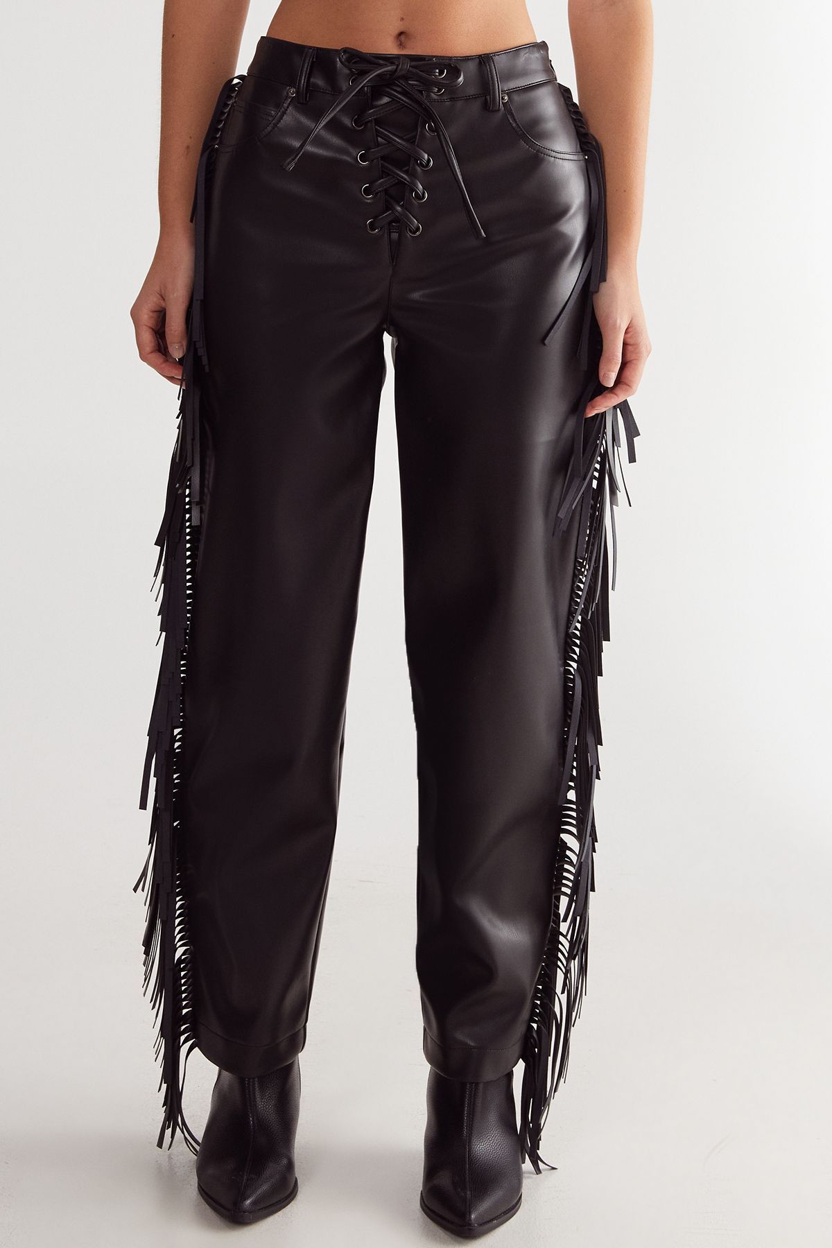 NastyGal Fringe Faux Leather Trousers Black image 3