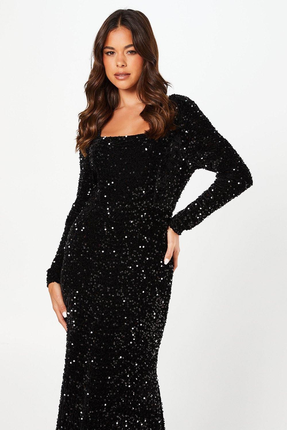 Coast Square Neck Velvet Sequin Long Sleeve Black Maxi Dress Black image 2