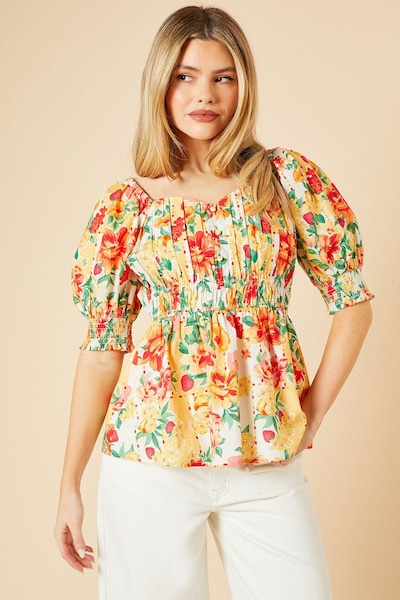 Dorothy Perkins Floral Ruched Bodice Puff Sleeve Peplum Top Floral