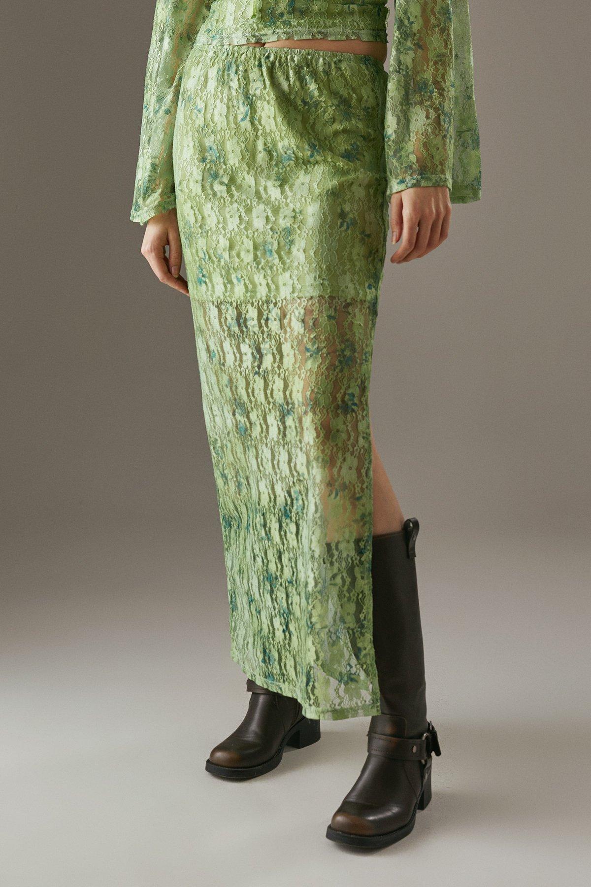 Warehouse Printed Lace Maxi Skirt Green