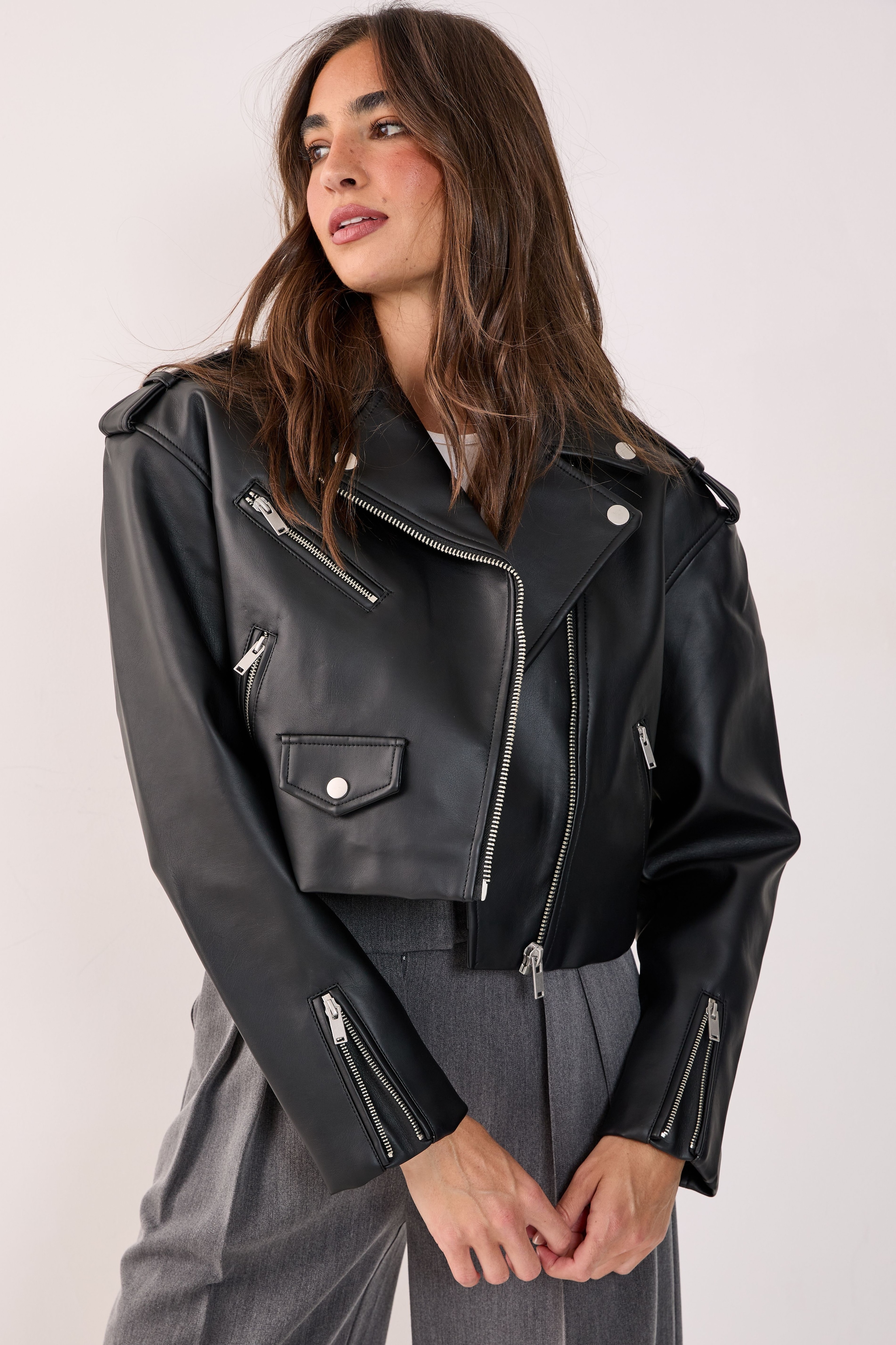 NastyGal Essentials Cropped Faux Leather Boxy Biker Black