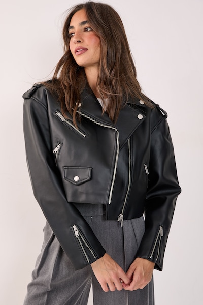 NastyGal Essentials Cropped Faux Leather Boxy Biker Black