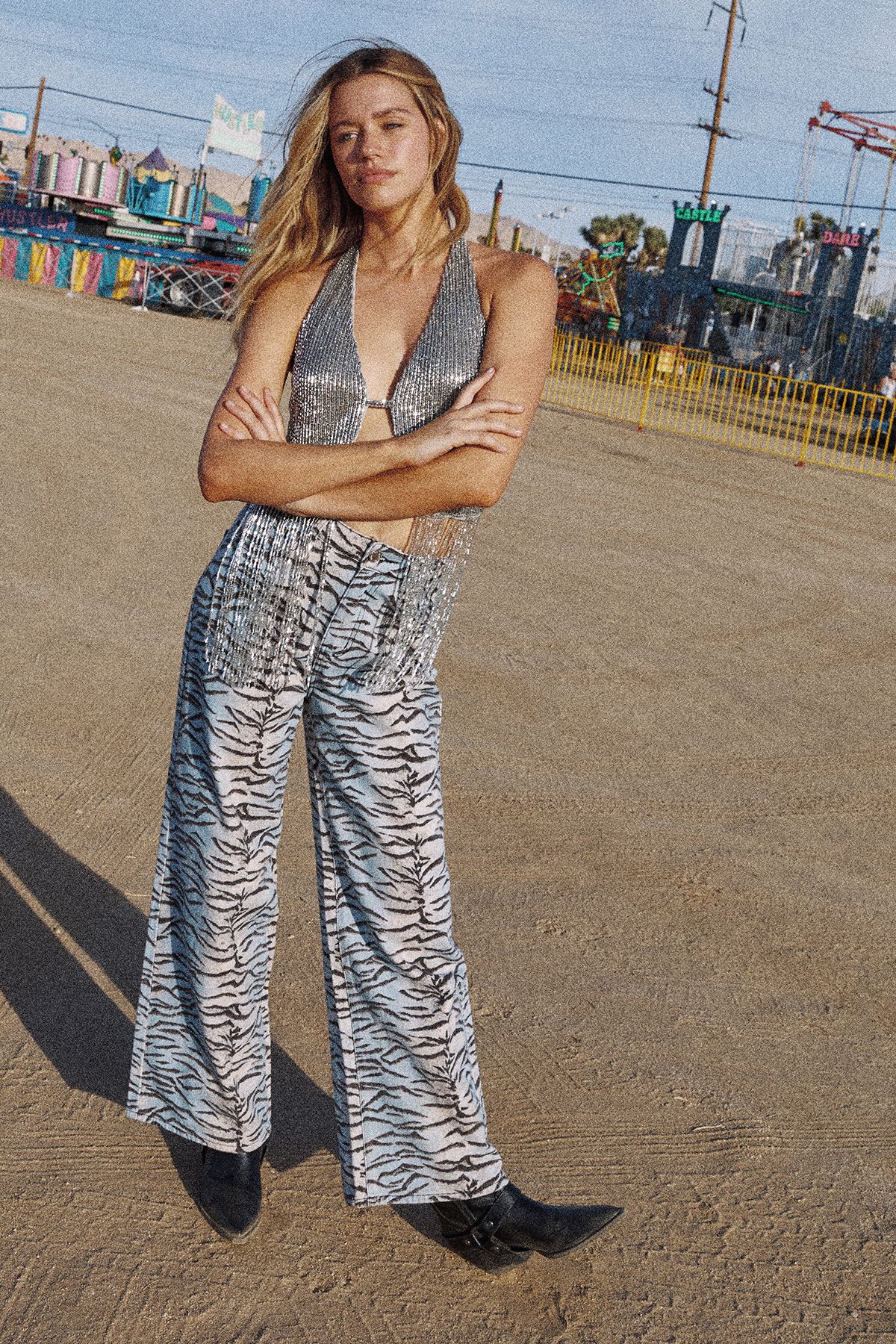 NastyGal Tiger Print Denim Wide Leg Jean Multi image 2