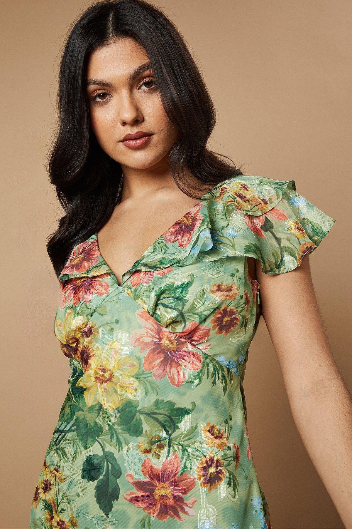 Oasis Floral Satin Burnout Ruffle Midi Dress Sage image 4