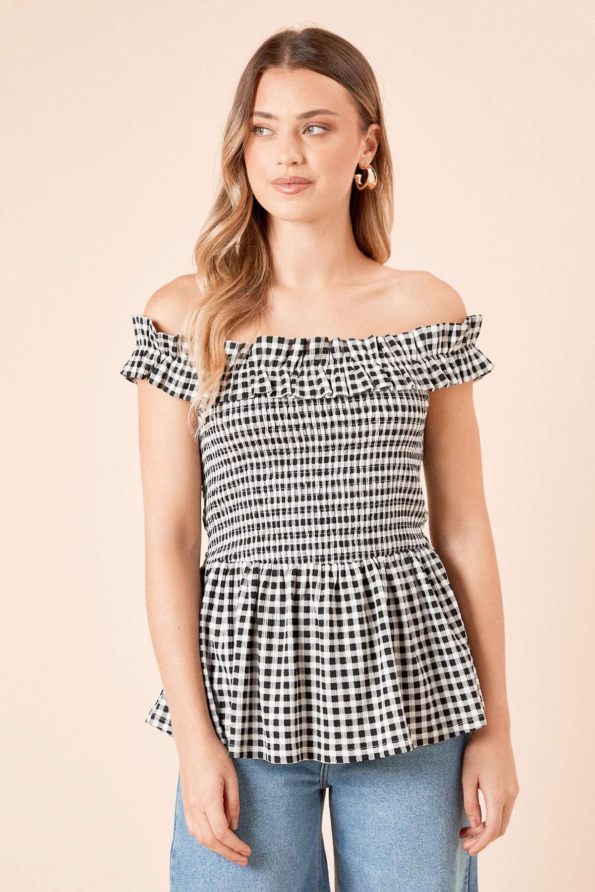 Dorothy Perkins Gingham Shirred Bodice Bardot Peplum Top Gingham image 2