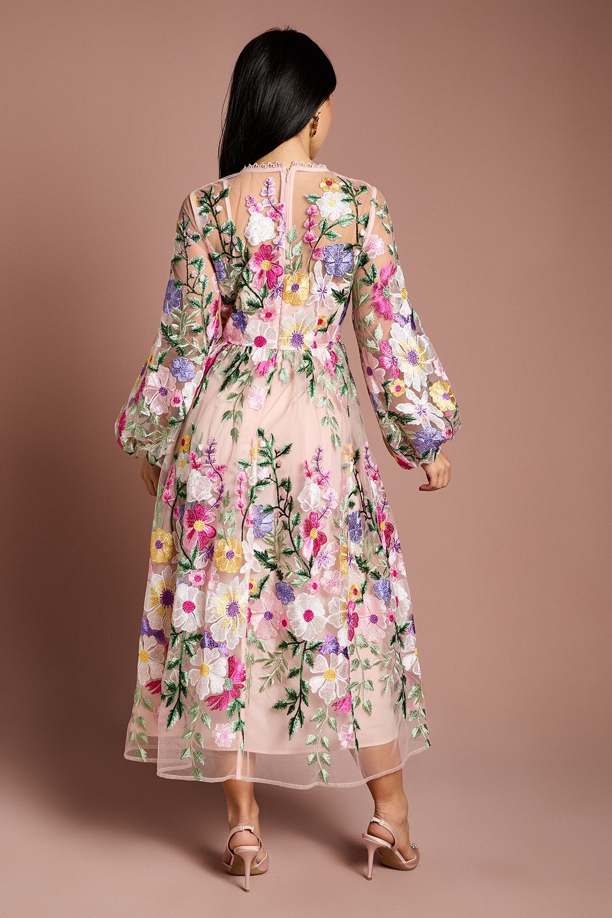 Coast Petite Long Sleeve Embroidered Maxi Dress Peach image 3