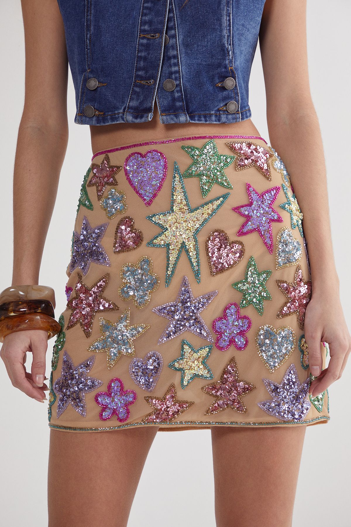 NastyGal Star And Heart Hand Embellished Mini Skirt Nude image 2